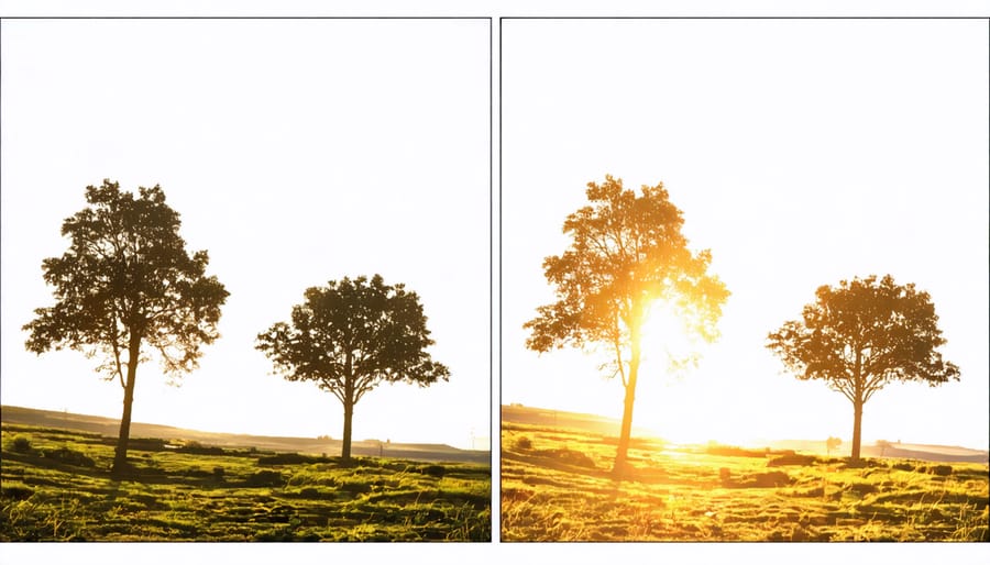 Split image showing the warm, dramatic lighting of golden hour compared to harsh mid-day sunlight