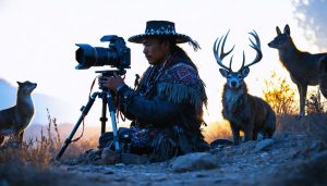 Indigenous photographer using modern camera gear, overlaid with traditional symbols and patterns, highlighted by ethereal dusk lighting.