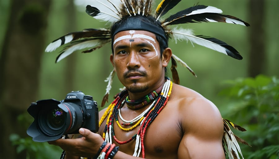 Indigenous photographer working with modern digital camera equipment while applying traditional perspective methods