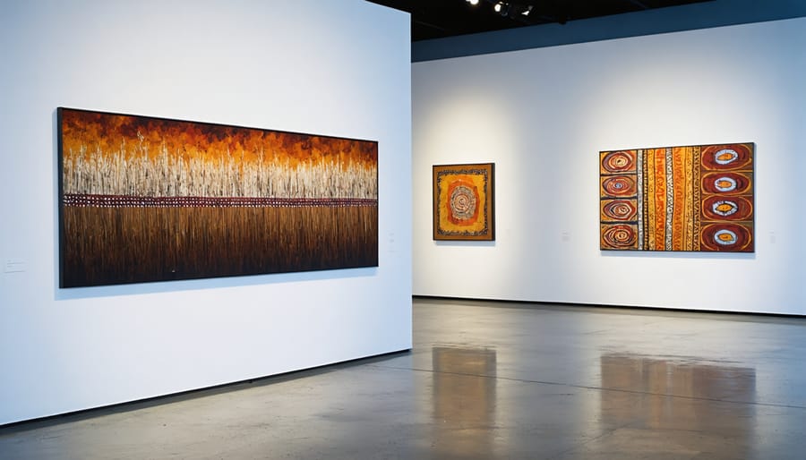 Museum exhibition space displaying modern indigenous photography installations