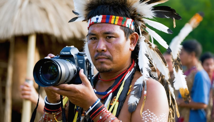 Native photographer working with professional camera equipment during a traditional ceremony