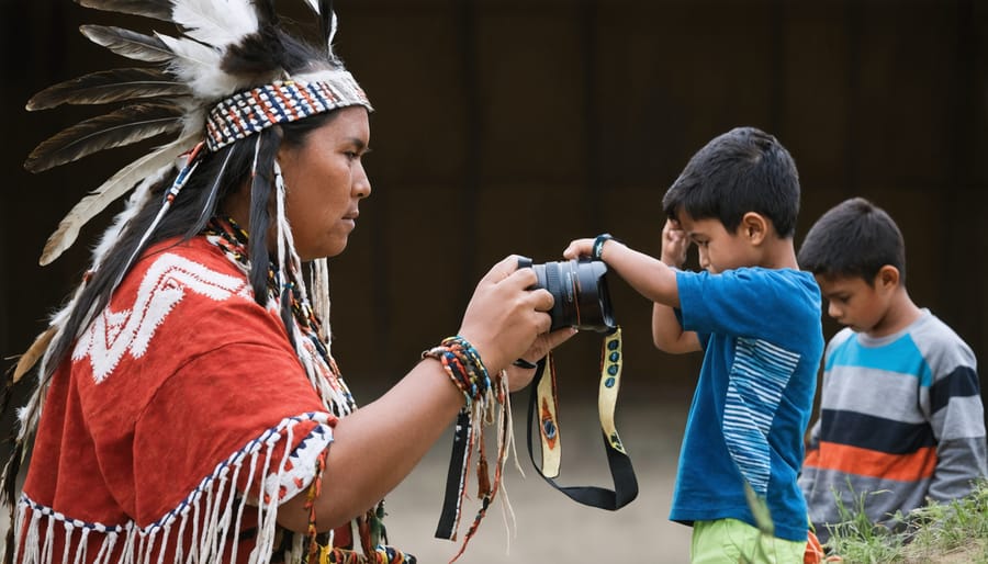 Elder indigenous photographer demonstrating photography techniques to young community members