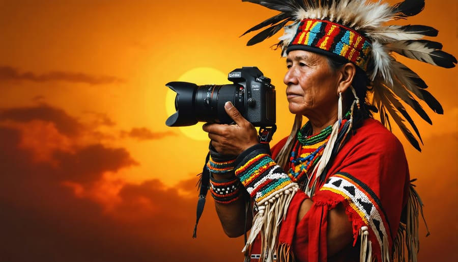 An indigenous photographer utilizing modern photography tools amidst traditional cultural motifs, symbolizing the fusion of heritage and contemporary techniques in reshaping visual storytelling.