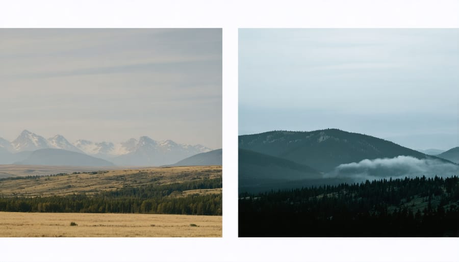 Split-screen image showing the same natural landscape captured through contrasting Western and Indigenous photographic approaches