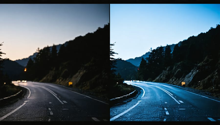 Comparison of two identical nighttime forest scenes showing image noise difference between ISO 1600 and ISO 6400