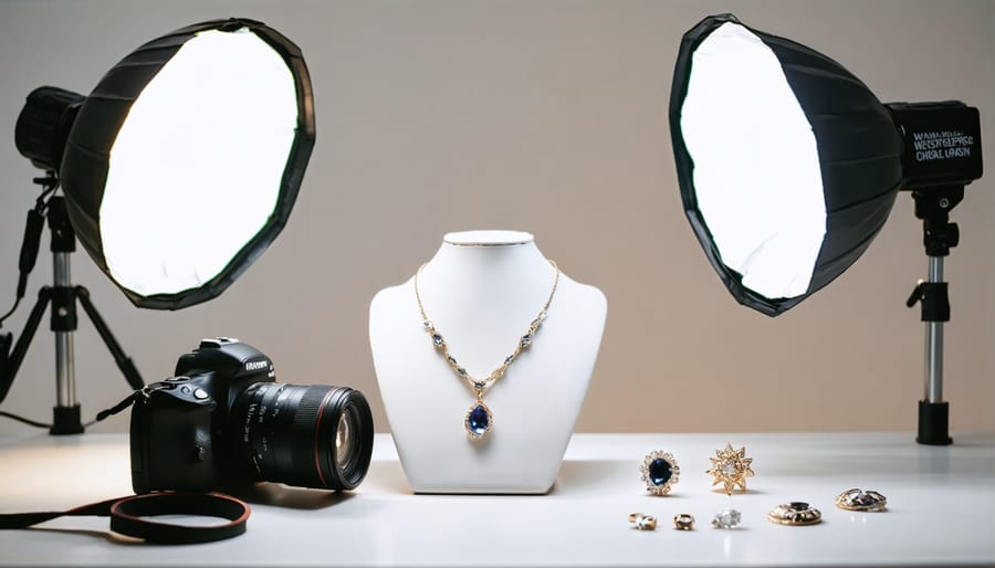 Complete jewelry photography setup showing camera, macro lens, lighting, and workspace