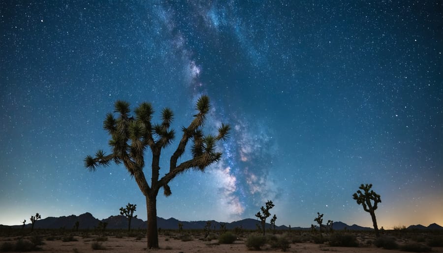 Silhouette of Joshua Tree with vibrant Milky Way galaxy stretching across the night sky