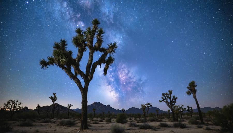 A lone Joshua Tree is silhouetted against a vibrant and expansive Milky Way galaxy, with subtle lighting emphasizing the texture and details of the desert landscape at Joshua Tree National Park.