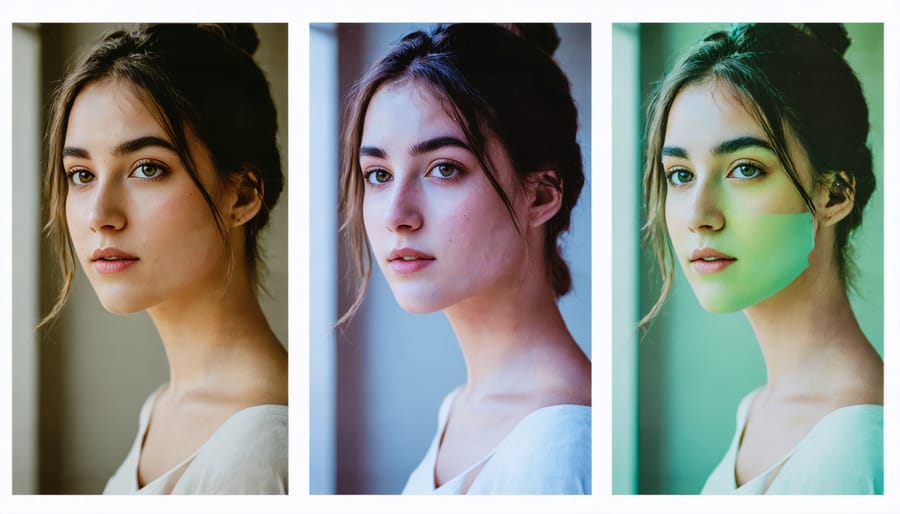 Tutorial showing progressive steps of applying layer masks and blend modes in mobile photo editing