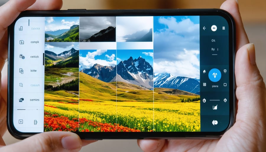 "A smartphone displaying a photo-editing app with multiple layers and tools on screen, illustrating advanced mobile photo-editing capabilities."