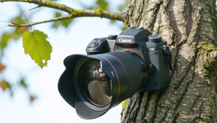 Camera lens hood deflecting contact with a tree branch, showing physical protection