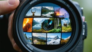 A close-up view of a camera lens reflecting diverse environmental scenes, including wildfires, melting glaciers, endangered species, and community conservation efforts, symbolizing the role of photojournalism in capturing and addressing ecological issues.