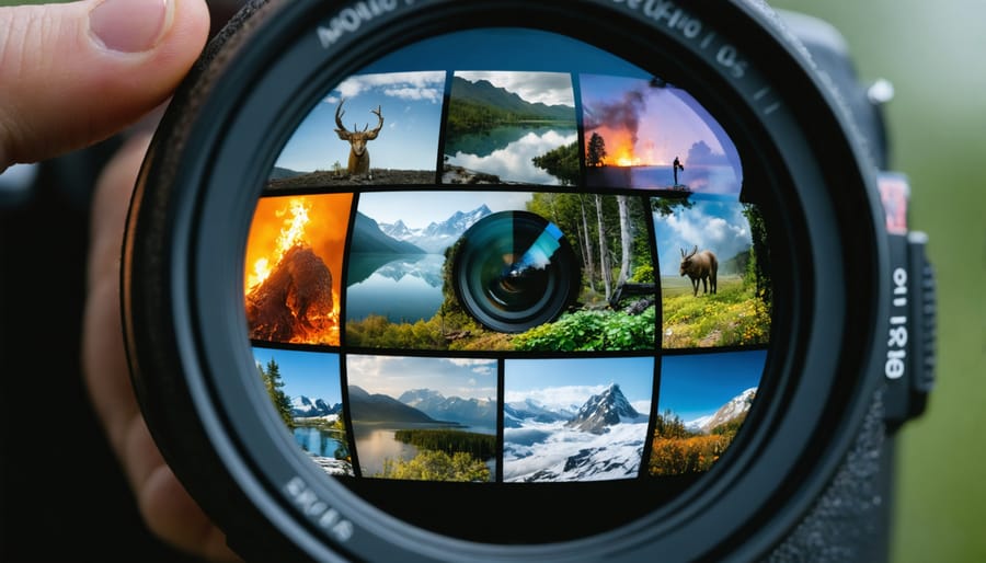 A close-up view of a camera lens reflecting diverse environmental scenes, including wildfires, melting glaciers, endangered species, and community conservation efforts, symbolizing the role of photojournalism in capturing and addressing ecological issues.