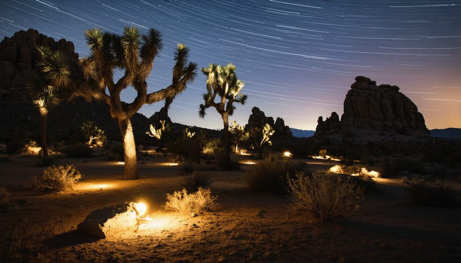 Creative night photograph showing light-painted Joshua Tree with circular star trails