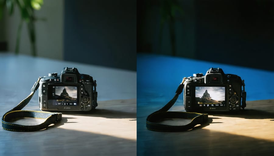 Split image comparing low-light performance between DSLR and mirrorless cameras