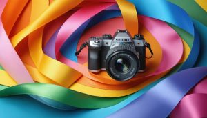 A conceptual depiction of a camera surrounded by swirling ribbons representing different color spaces, alongside elements like monitor calibration tools and color correction curves, symbolizing professional color correction techniques.