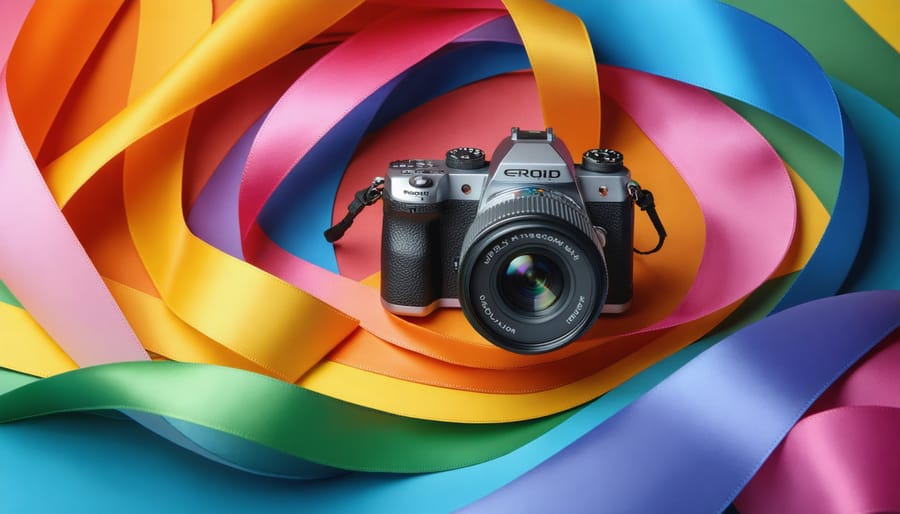 A conceptual depiction of a camera surrounded by swirling ribbons representing different color spaces, alongside elements like monitor calibration tools and color correction curves, symbolizing professional color correction techniques.