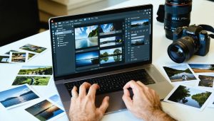 A professional photographer editing JPEG metadata on a laptop, showcasing separate EXIF, IPTC, and XMP sections, surrounded by photographic gear and printed photos.