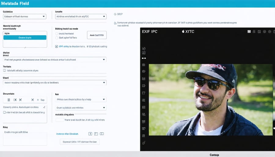Example of metadata categories EXIF, IPTC, and XMP displayed in a photo editing interface