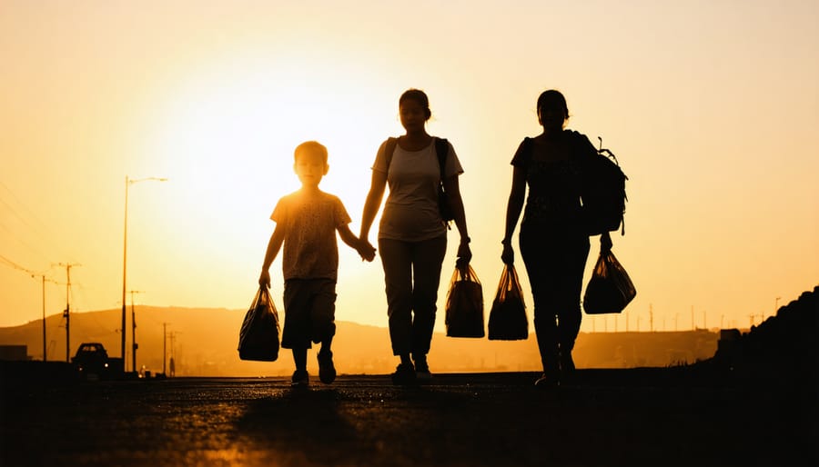 Silhouette of migrant family walking at sunset, emphasizing composition and emotional storytelling