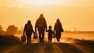 Silhouette of a migrant family walking at sunset with their belongings, symbolizing hope and resilience on their journey.