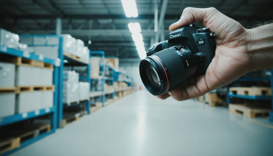 Photographer using xlux moisture meter to check humidity levels in a camera storage cabinet