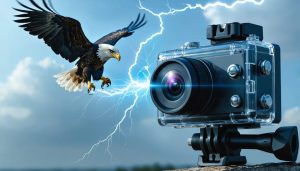 Conceptual illustration of an action camera equipped with motion sensors capturing an eagle in flight alongside a lightning strike, symbolizing innovative motion detection technology.