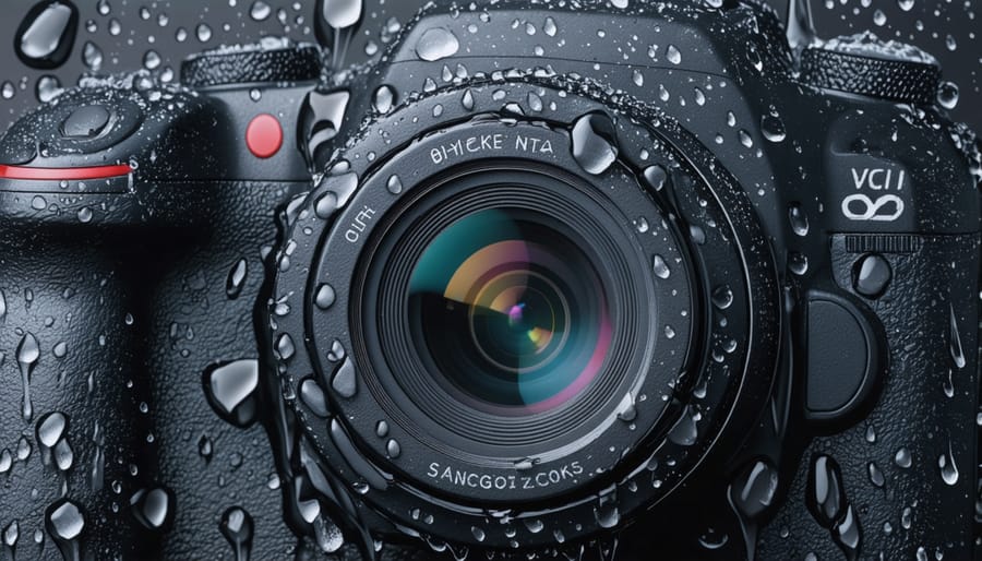 Magnified image of a hydrophobic nano-coated camera sensor with water droplets beading off the surface