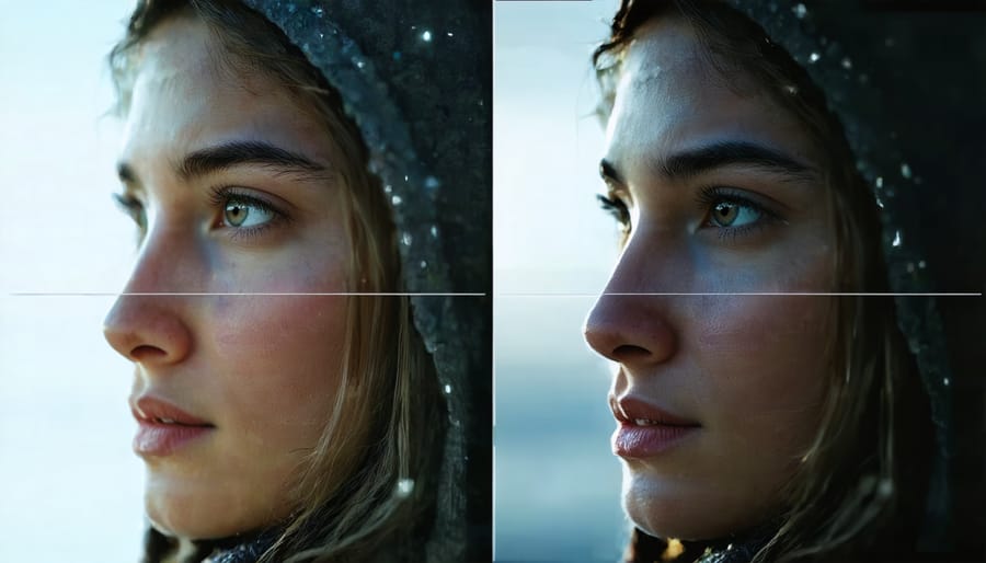Side-by-side comparison of low-light photography showing improved performance with nano-enhanced sensors