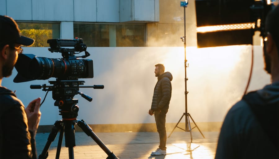 "Film crew capturing a scene during golden hour with warm, soft directional light illuminating an actor, enhanced by reflective surfaces and subtle lens flares in an urban setting."