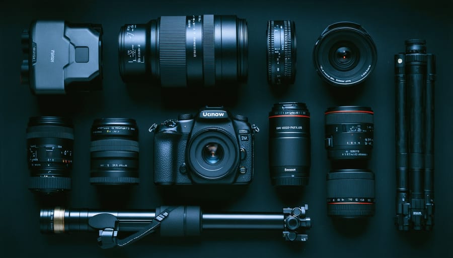Flatlay of night photography equipment including camera, lenses, and accessories