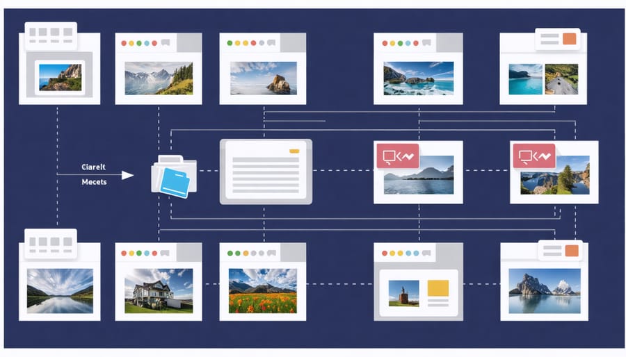 An illustration of a digital asset management system for photographers, showcasing a structured folder hierarchy, metadata tags, and backup symbols, representing organized photo management.