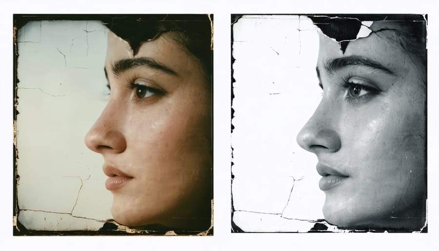Before and after comparison of a restored vintage family photograph showing significant improvement in quality
