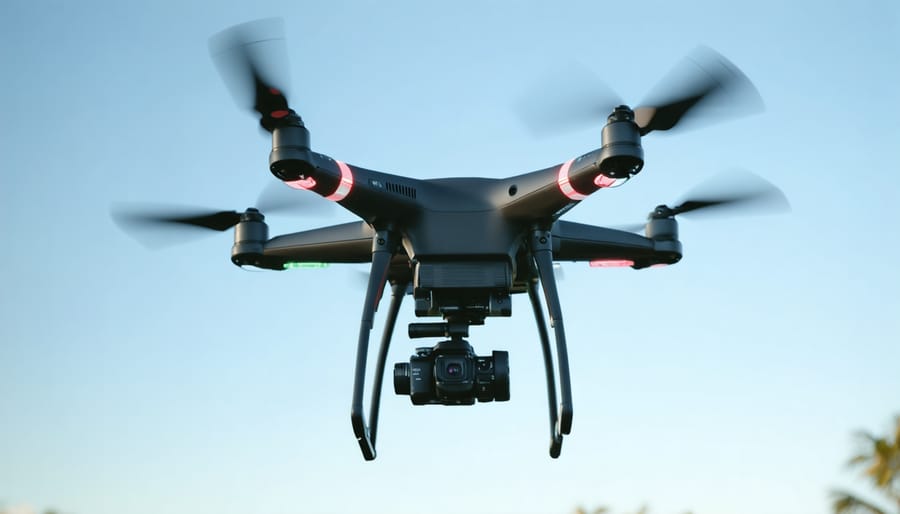 High-end camera drone with stabilized gimbal system hovering against blue sky