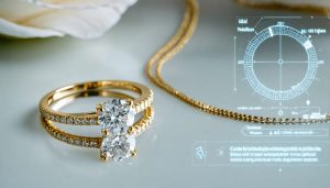 A beautifully arranged diamond ring and gold necklace on a reflective surface with overlaid camera settings graphics, representing the precise techniques for jewelry photography.