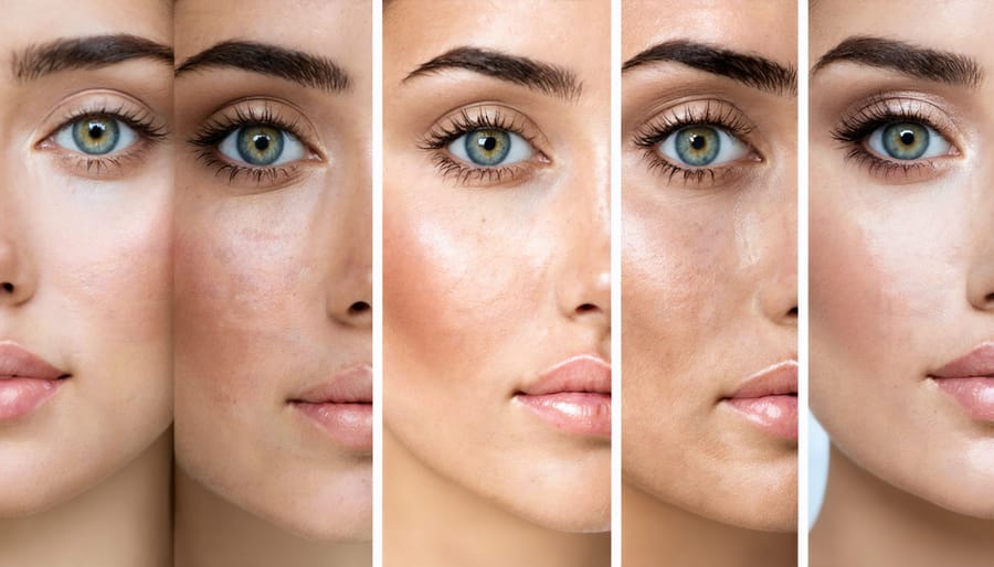 Step-by-step process of correcting skin tones from unnatural to natural appearance