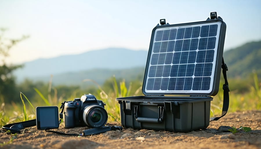 Solar panels charging photography equipment in an outdoor wilderness environment