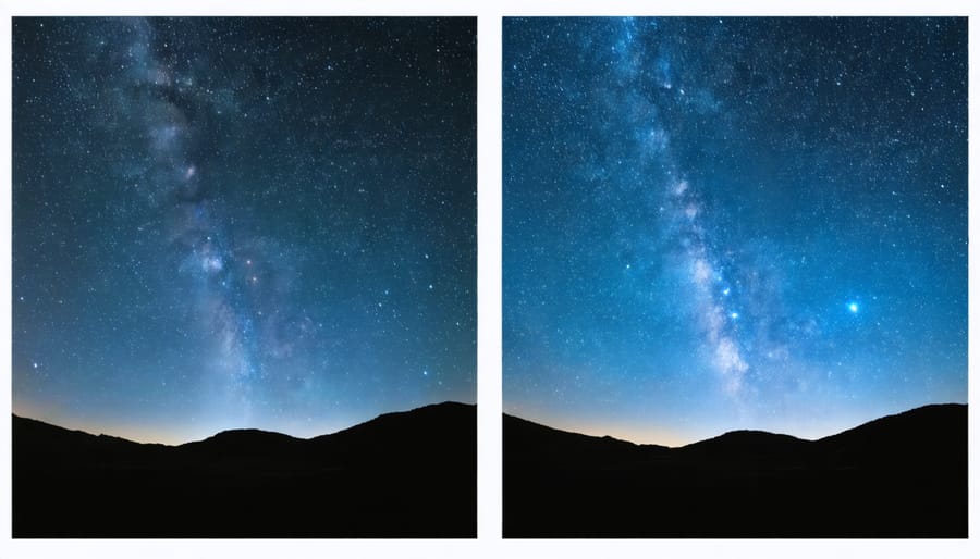 Before and after comparison showing the improvement in noise reduction and detail when using image stacking for astrophotography