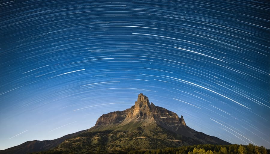 Circular star trails in the night sky above silhouetted mountain peaks
