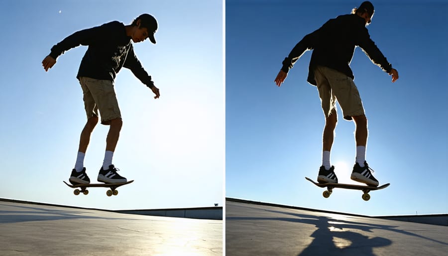 Split image comparing traditional and dynamic camera angles of a skateboarder performing a trick