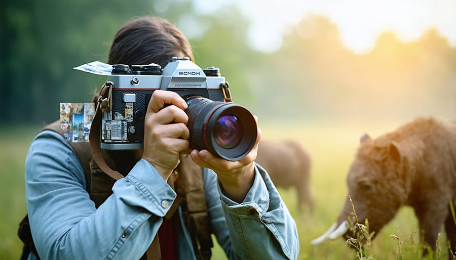 Nature photographer using eco-friendly camera equipment in a forest setting