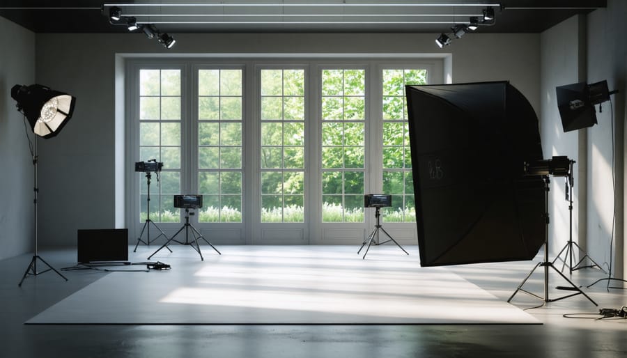 Energy-efficient photography studio with LED lights and natural daylight streaming through windows