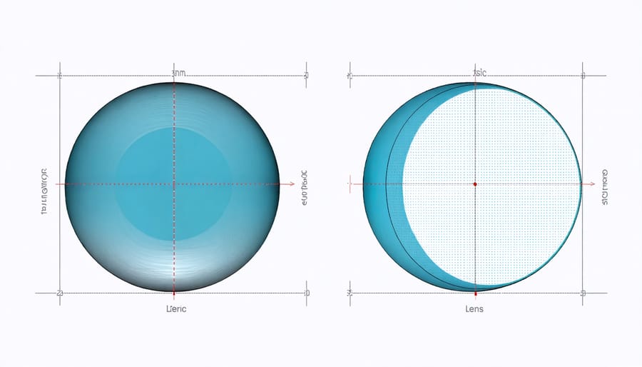 Cross-sectional diagram comparing toric and spherical lens curvatures