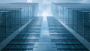 A futuristic cityscape illustrating the precision of toric lenses, featuring skyscrapers with corrected perspectives and sharp vertical lines, symbolizing the technical excellence in architectural photography.