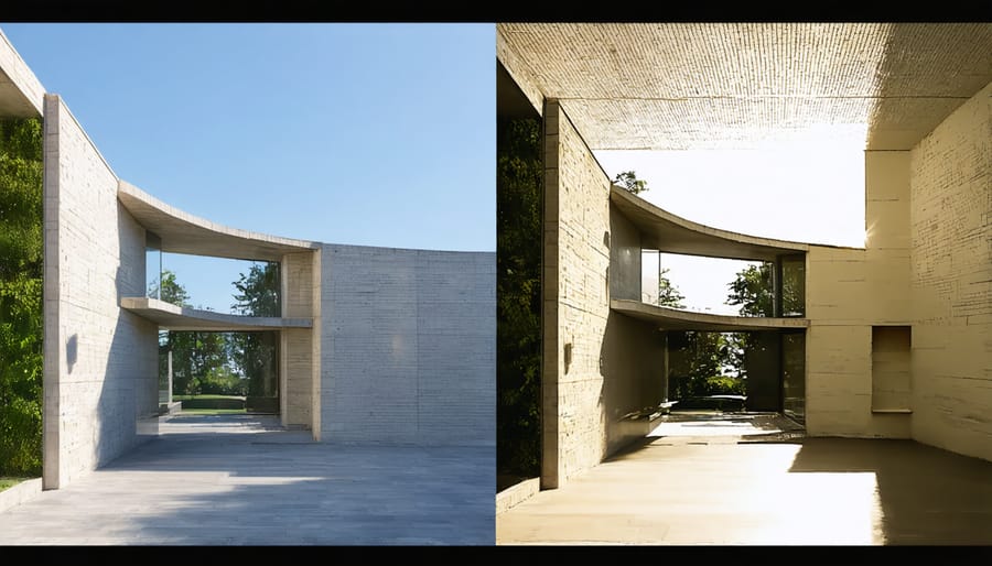 Comparison of building photographs showing distortion correction using toric lens