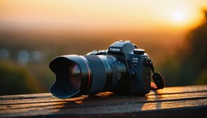 A camera equipped with a lens hood standing against a stunning golden hour landscape backdrop, illustrating the enhanced photo quality lens hoods provide by managing light effectively.