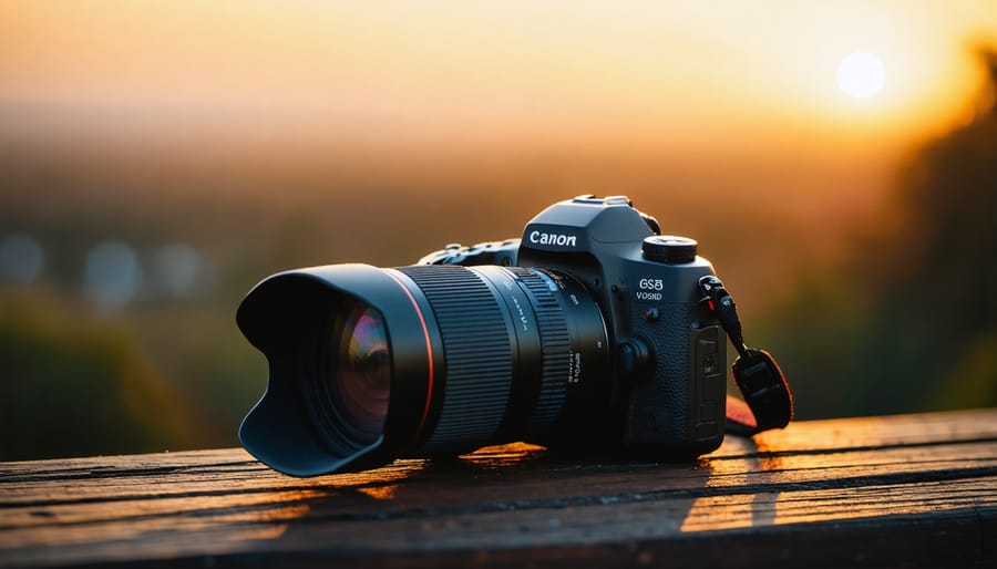 A camera equipped with a lens hood standing against a stunning golden hour landscape backdrop, illustrating the enhanced photo quality lens hoods provide by managing light effectively.