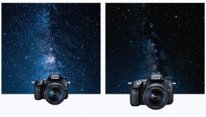 A conceptual representation of the impact of image stacking in astrophotography, featuring a side-by-side comparison of a single noisy night sky photo next to a clear, detailed stacked image with a DSLR camera capturing multiple exposures.
