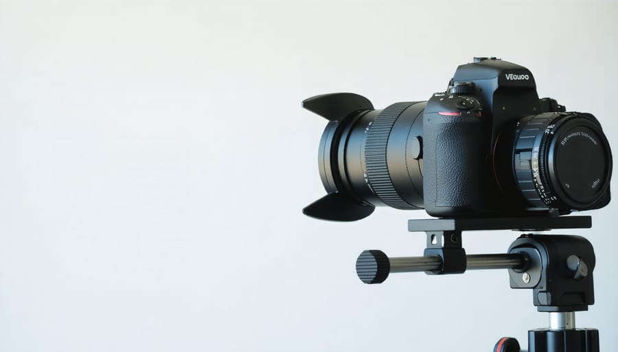 Professional camera setup with tripod, leveling base, and panoramic head arranged for vertical panorama photography