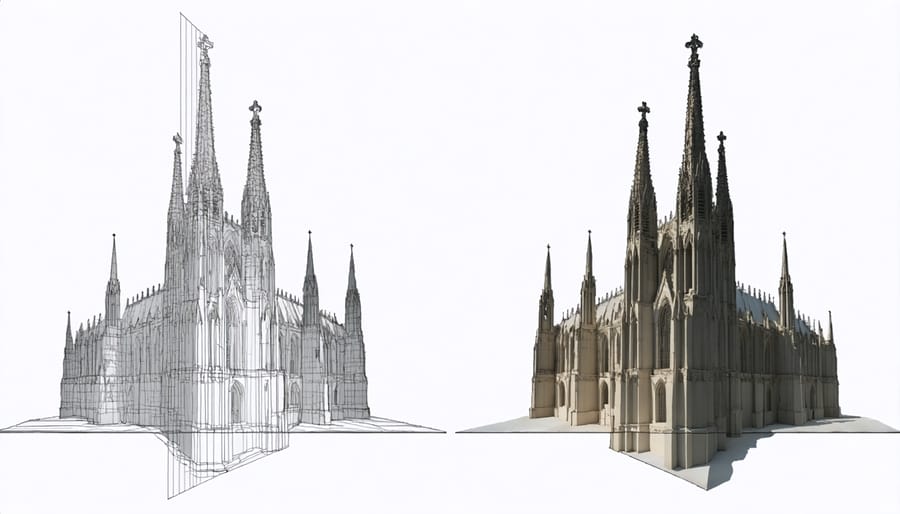 Side-by-side comparison of separate image frames and the final stitched vertical panorama of a tall cathedral